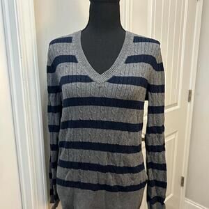 Tommy Hilfiger Gray Navy Striped‎ Cable Knit V-Neck Sweater Women’s XL Y2K